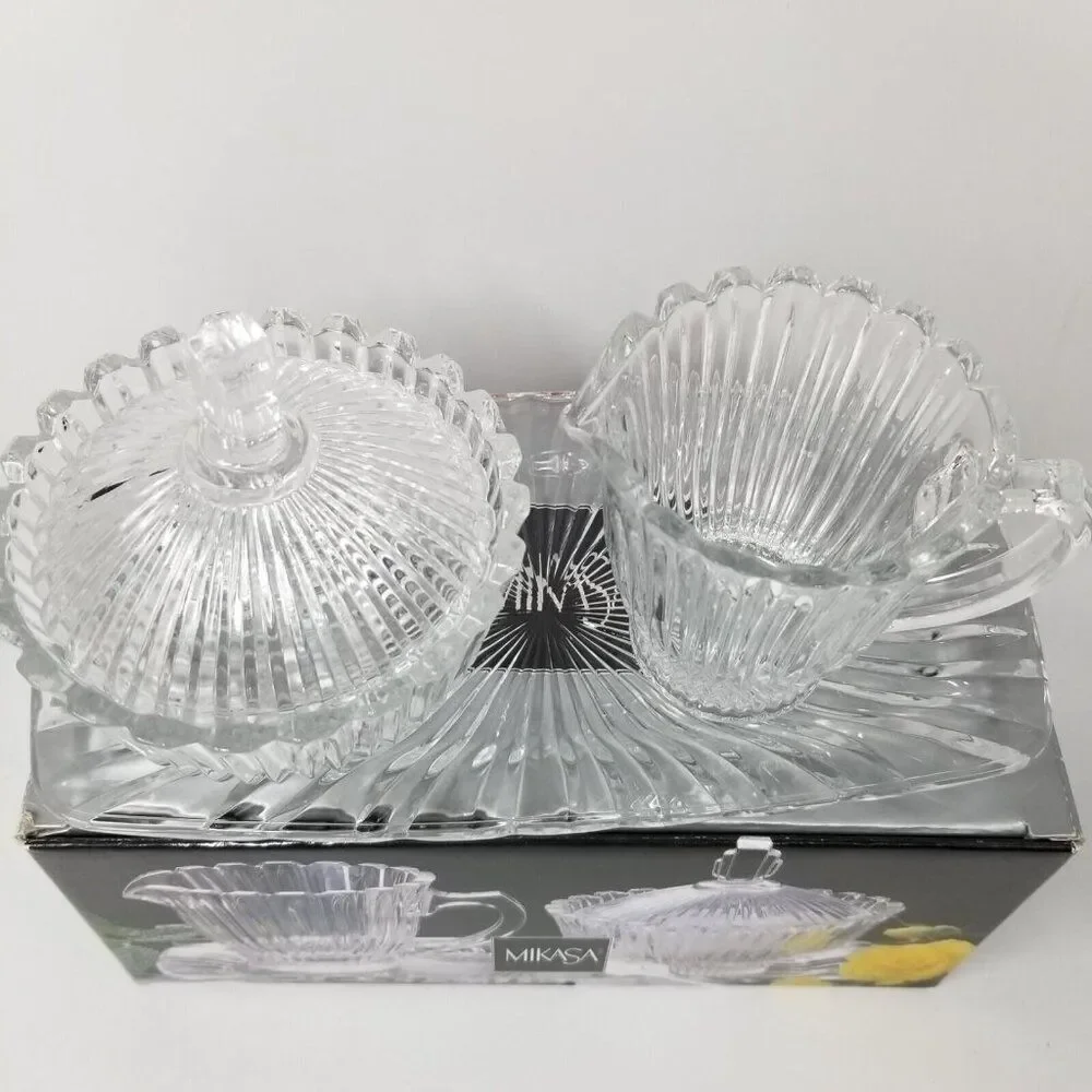 Vintage Mikasa Royal Suite Cut Crystal Covered Sugar Bowl Creamer Tray New
